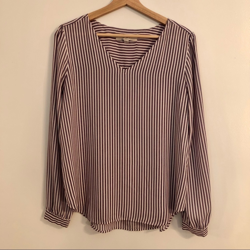 LOFT Red White Blue Striped V Neck Blouse Size S